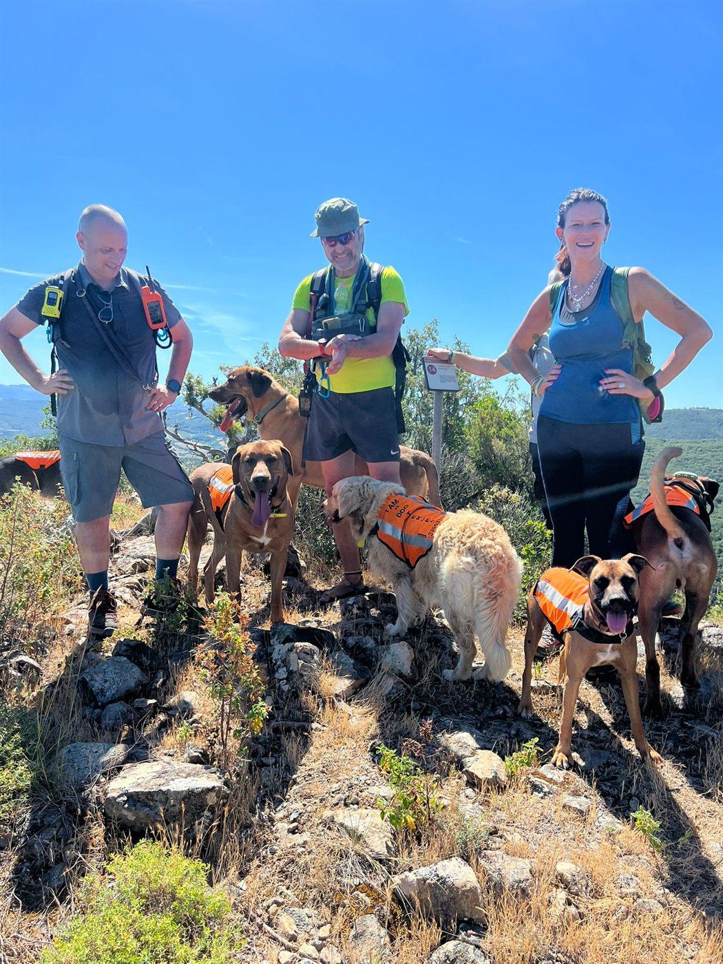 Tre guide in vetta con i loro cani con le pettorine, cielo azzurro alle spalle