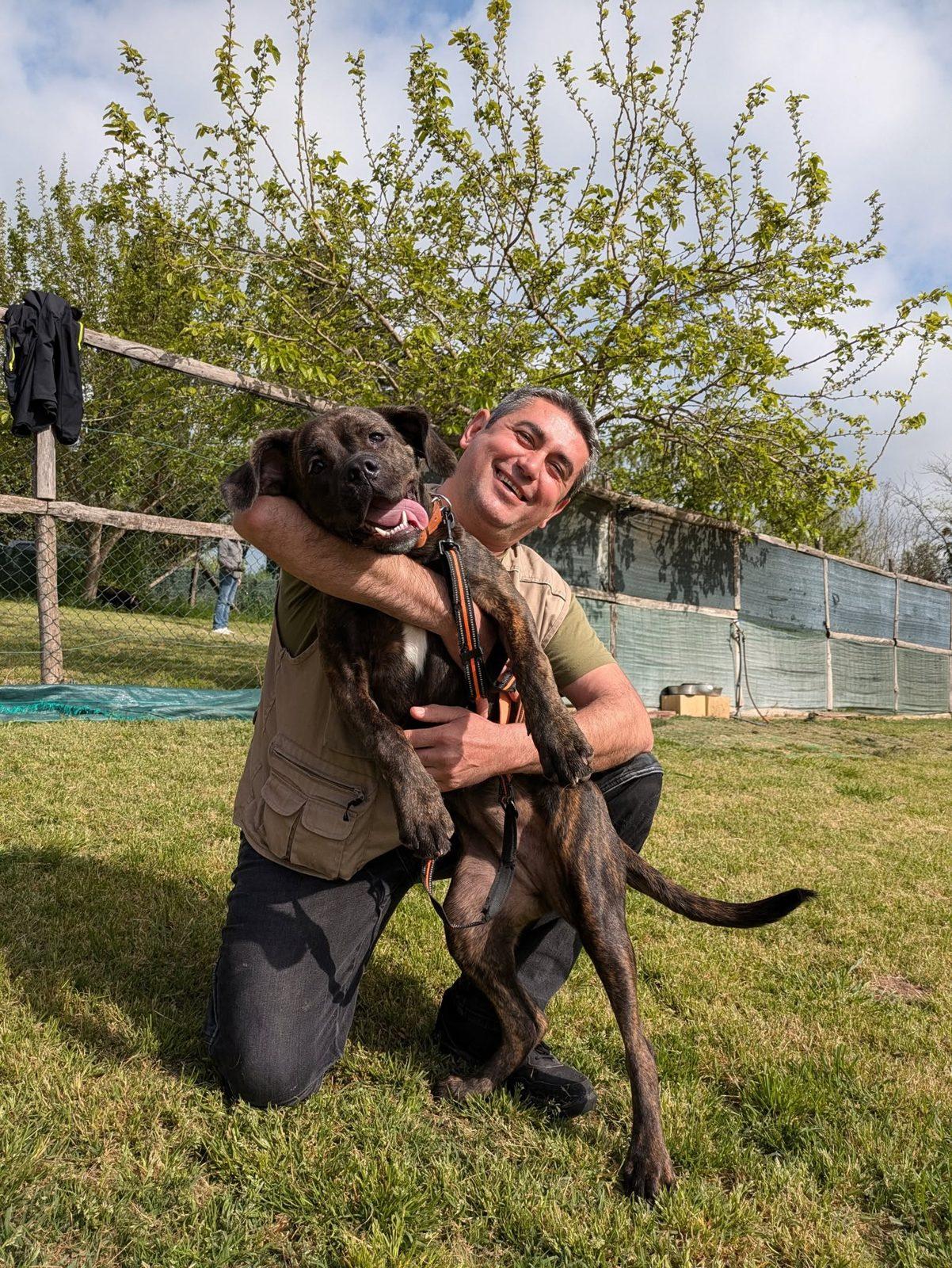 Un proprietario sorridente abbraccia il suo cane nel campo dell'Accademia AICSS di Roma, alla fine del corso di Obedience